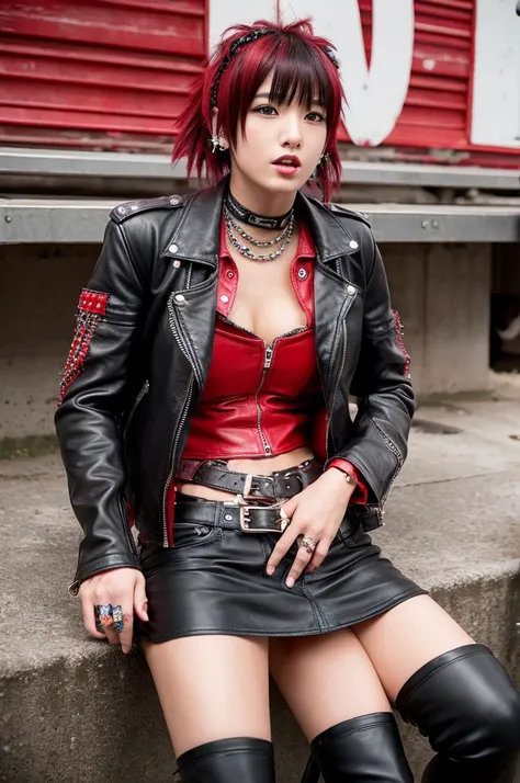 live house、Japanese young beautiful girl idol、Red Mohawk、Punk Fashion、Expose large breasts、Leather jacket with studs、Naked with a guitar between his legs、Tattoo、Giving a blowjob to an old man&#39;s erect penis、Spread your legs and expose your genitals