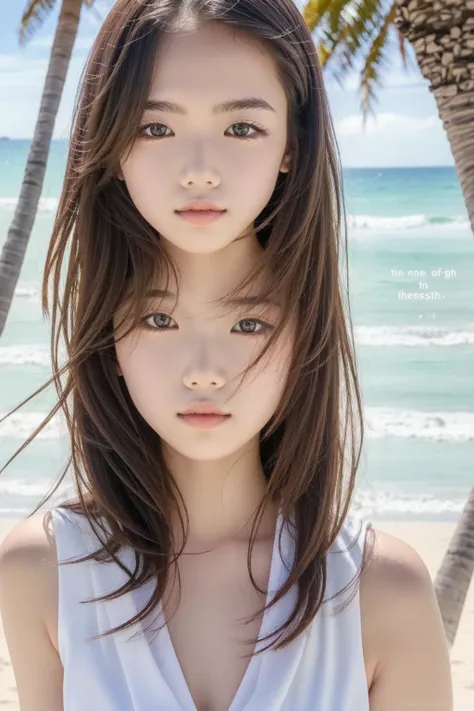 ((Highest quality)), ((Very detailed)), masterpiece, Detailed face, Beautiful Face, (Fine grain, Deep Eyes), (One girl), Upper Body, , (At the Beach, Palm tree), Default 17 styles, English text:1.3, The background is a pastel color