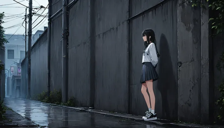 Ultra high definition. The sky is dark and full of dark clouds.
Its foggy. An 18-year-old girl stands under an old cement electric pole in a dark wide alley. The light from the electric pole shines on the girls head. The girl is standing with her back agai...