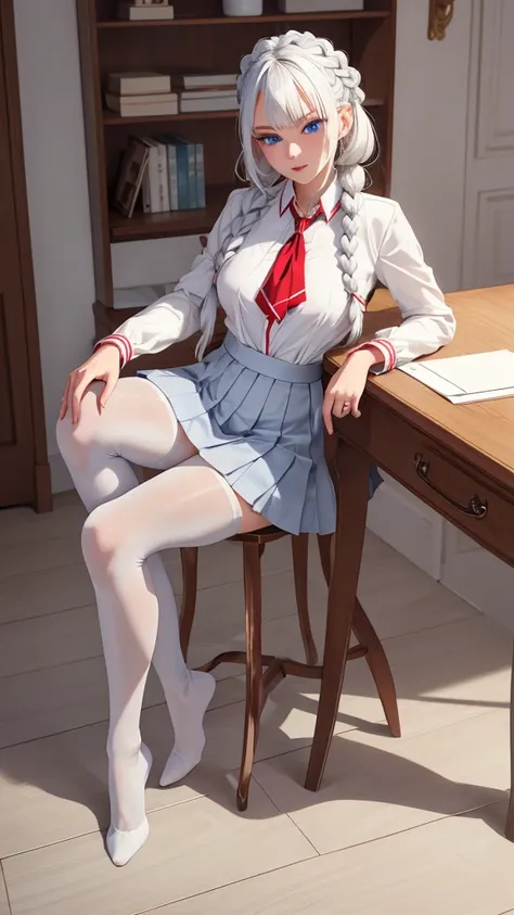 "1girl, incredibly detailed 8k cg, flawless model, mesmerizing idol, stunning face, ethereal beauty, pristine white hair, ring braids, captivating blue eyes,  Kakegurui ,  redblazer, white shirt, pleated grey skirt,  brown pantyhose, sat on desk  , full bo...