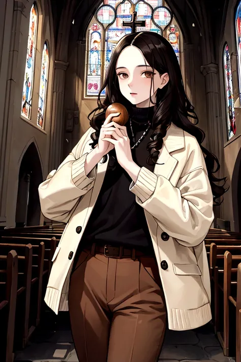 germ of art, Masterpiece, Best Quality, 1 girl, YOUNG, black hair, long curly hair, pale skin, Brown eyes, clothes a wool sweater with brown pants, he carries a rosary in his hands, locality a church.