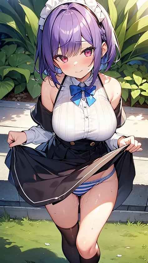 最high quality, high quality, Super detailed, 32k, Ultra-detailed details, Sister and maid, (Standing, pretty girl, beautiful purple hair, short hair, Beautiful RED eyes, mature, Big Breasts, A light smile, Off-the-shoulder sleeveless Summer メイド服, Summer ca...