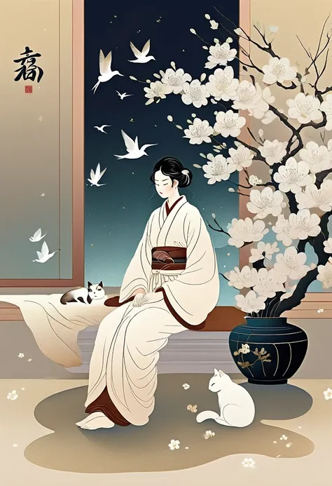 An illustration with soft tones and a dreamy feel。The characters in the picture are covered with a large number of small white flowers，Gives a hazy and mysterious visual effect。Ukiyo-e，Modern illustration elements。Tranquility、Pure atmosphere，Reminiscent of...