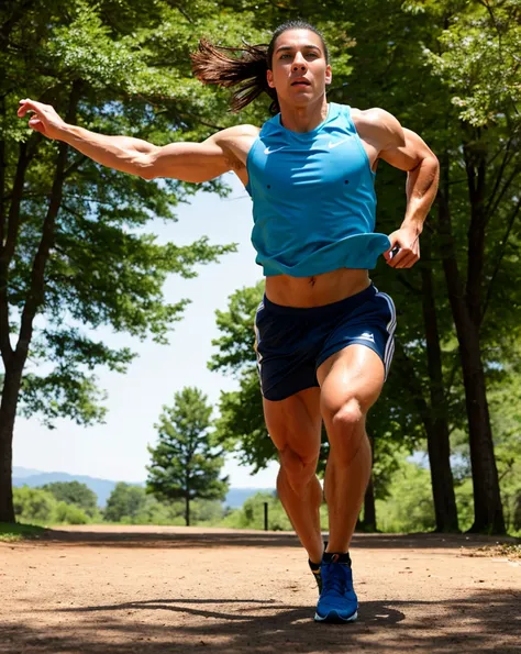 a muscular athlete, athletic body, running pose, sweat, determined expression, outdoor environment, nature scenery, sunlight, high quality, realistic, photorealistic, 8k, dynamic movement, sports equipment, vibrant colors, dramatic lighting