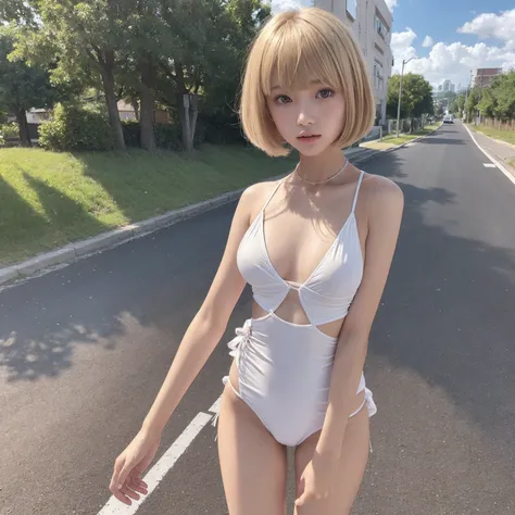 masterpiece, Highest quality, Very detailed))), 1 female, (((Very thin body))) , (((length, Thin legs))), (((Blonde Short Hair, Thick and fluffy bangs ))), (((Very detailedな顔))), Cosmetics Free, small, Thin Nose, small thin mouth, (((Extremely sharply focu...