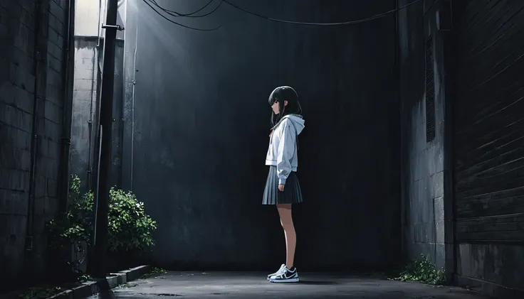 Ultra high definition. The sky is dark and full of dark clouds.
Its foggy. An 18-year-old girl stands under an old cement electric pole in a dark wide alley. The light from the electric pole shines on the girls head. The girl is standing with her back agai...