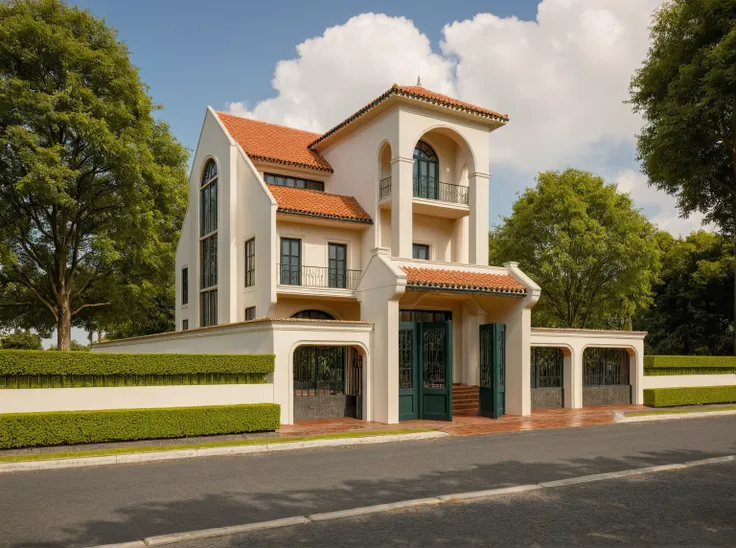 Raw photo,Masterpiece, high quality, best quality, authentic, super detail,
exterior, outdoors, house style indochine on the street, Groups,door wood,
road,pavement, grass, trees, sky, cloud, (day:1.1)