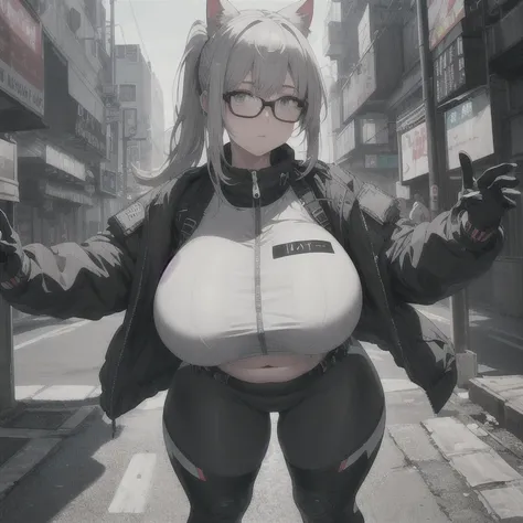 Absurd resolution,high resolution,(masterpiece: 1.4),hyper-detail,fullbody shot head to toe,full frontal camera perspective,solo,shorter,standing,glasses,kemono feline cat futanari, puffy inverted nipple silhouette,no skin other than neck and head shown,sc...