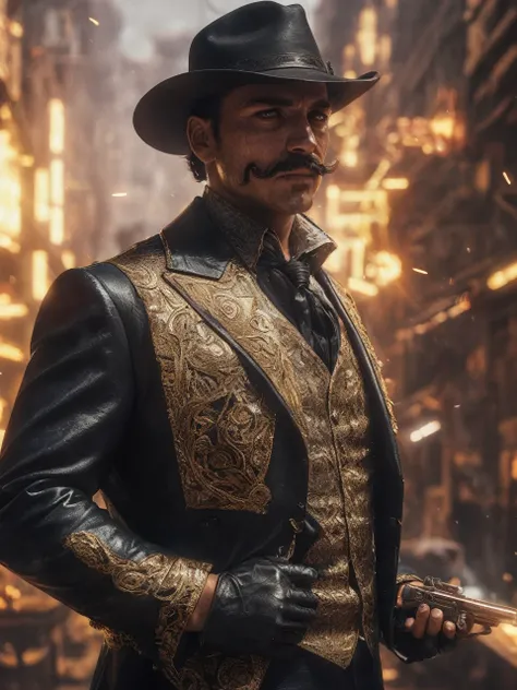 a man with a mustache wearing a western suit, holding a revolver in one hand, photorealistic, detailed, 8k, highly detailed, intricate details, realistic, dramatic lighting, cinematic, gritty, moody, dark, chiaroscuro, dramatic shadows, intense colors, vib...