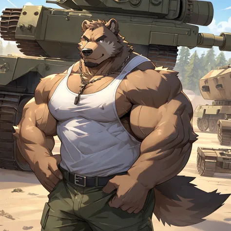 Grizzly Bear, good looking, male, anthro, ultradetailed, muscular, solo, bareness, rippling muscles, muscles, military camp background, tail, serious, big pecs, looking at viewer, military tank top, doggy tag, bara, big muscles, tug-a-war