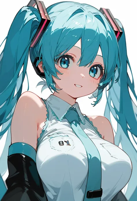 hatsune miku, light blue hair, light blue eyes, two hair ties, large breasts