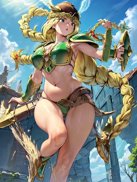 masterpiece,best quality, 1girl, 18yo, beautiful girl,BREAK,(Armor:1.8),(Helmet with wings:1.7),(Beautiful blonde,braid,Green Eyes:1.5),BREAK,(Bikini Armor,navel exposed,voluptuous bust,thin waist:1.4),BREAK, (blue sky:1.2),(Running on clouds:1.3),(blue sk...