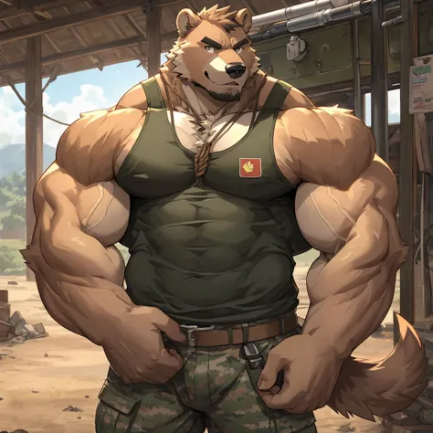 Grizzly Bear, good looking, male, anthro, ultradetailed, muscular, solo, bareness, rippling muscles, muscles, military camp background, tail, serious, big pecs, looking at viewer, military tank top, doggy tag, bara, big muscles, tug-a-war, rope