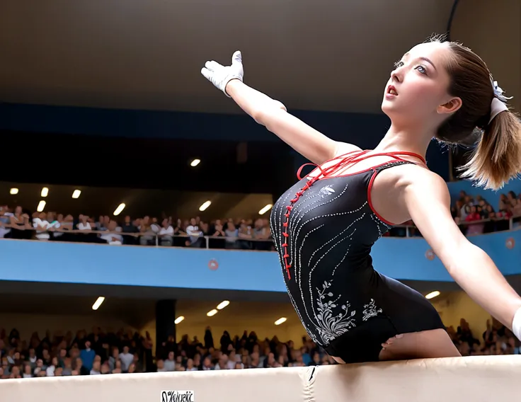 a cute woman with her hair tied back, wearing a cute leotard and gloves, performing feats of acrobatics in a gymnasium, a crowd ...