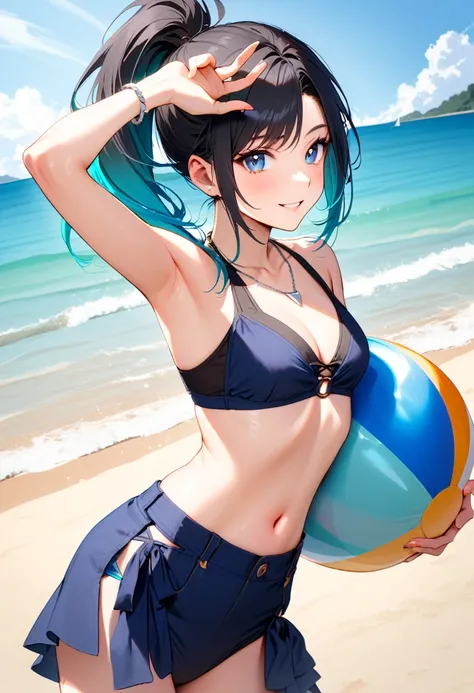 A young woman, 21-years-old, solo, Caucasian, black hair, cyan hair, gradient hair, multicolored hair, ponytail, two-tone hair, blue eyes, cheerful smile, dark blue bikini top, dark blue bikini bottom, midriff, holding a beachball, beach, thin silver neckl...