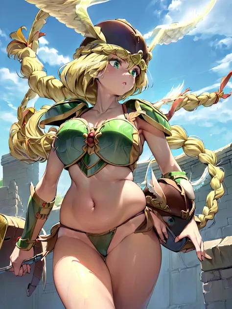 masterpiece,best quality, 1girl, 18yo, beautiful girl,BREAK,(Armor:1.8),(Helmet with wings:1.7),(Beautiful blonde,braid,Green Eyes:1.5),BREAK,(Bikini Armor,navel exposed,voluptuous bust,thin waist:1.4),BREAK, (blue sky:1.2),(Running on clouds:1.3),(blue sk...