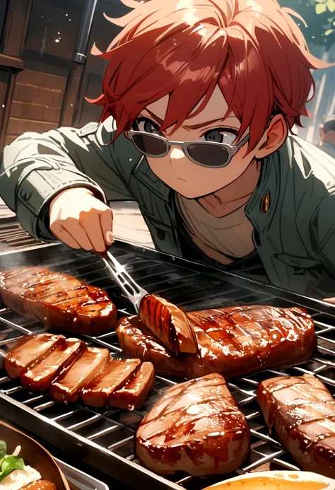 Redhead, 1 boy, Grilled meat, Grey sunglasses 