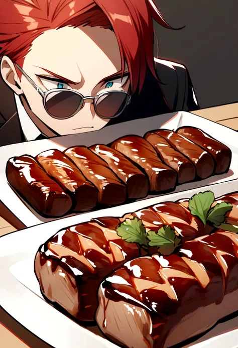 Redhead, 1 boy, Grilled meat, Grey sunglasses 