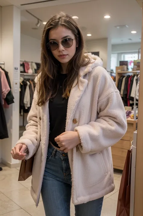 ((best quality)), ((masterpiece)), (detailed), perfect face
A blonde woman wearing sunglasses and a pink fur coat holding shopping bags while walking down a clothing store isle