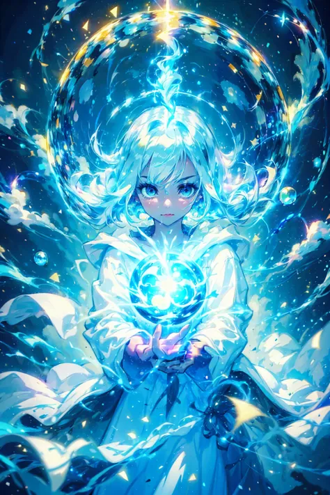 1girl,solo,cute,wizard,white robe,cleavage,hold a thunderball,yellow thunderball on each hands,around thunder aura,perfect hands,perfect finger,thundermagic,glowing aura