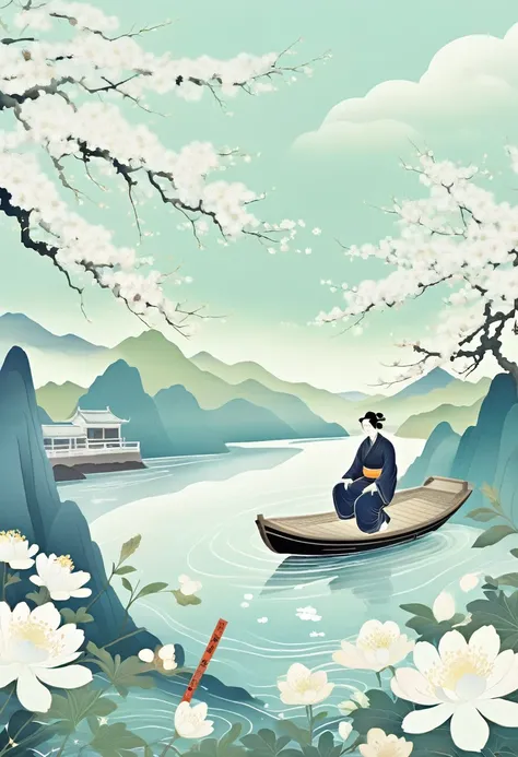 An illustration with soft tones and a dreamy feel。The characters in the picture are covered with a large number of small white flowers，Gives a hazy and mysterious visual effect。Ukiyo-e，Modern illustration elements。Tranquility、Pure atmosphere，Reminiscent of...