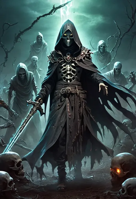 a picture of a man in a hoodedie holding a sword, necromancy, necromancer, neuromancy, insanity girl summon her death, udead summoning from ground, zombies coming out of the ground near man , summon, cyborg necromancer, necro, demon necromancer, necronomic...