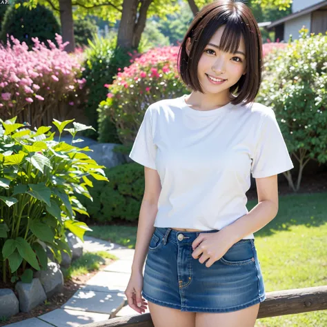 Highest quality,a girl, one girl,solo focus,4K,8K,Realistic,Japanese women,一人のJapanese women,Clear,kind,Beautiful eyes,smile,smaile,teeth,Light brown short cut,Slightly larger breasts,healthy,positive,Very detailed,Casual Style,The background is a park