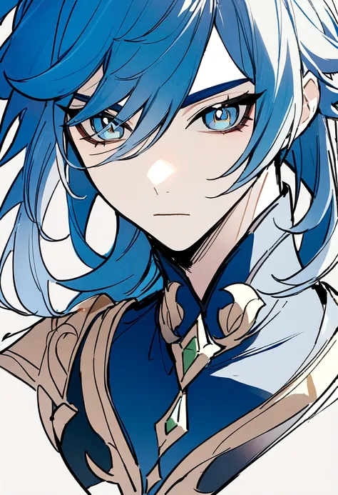 Genshin Impact Style,Draw one to wear，Delicate eyes，Blue Hair，A boy with clear hair lines