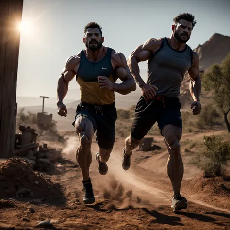 a muscular athletic man, detailed muscular body, veiny hands, strong jawline, intense gaze, beads of sweat, dynamic action pose,...