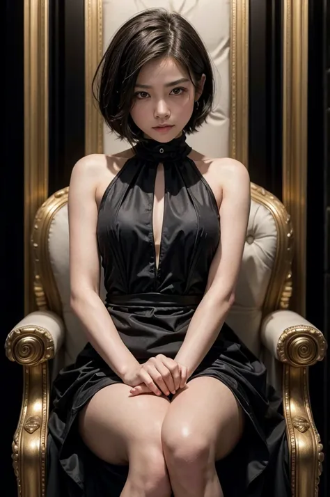 young, elegant girl in a black dress and short hair sitting on a throne