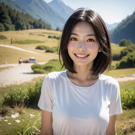 Highest quality,a girl, one girl,solo focus,4K,8K,Realistic,Japanese women,一人のJapanese women,26 years old,Clear,kind,Beautiful eyes,smile,smaile,teeth,Light brown short cut,Slightly larger breasts,healthy,positive,Very detailed,Casual Style,Camping in the ...