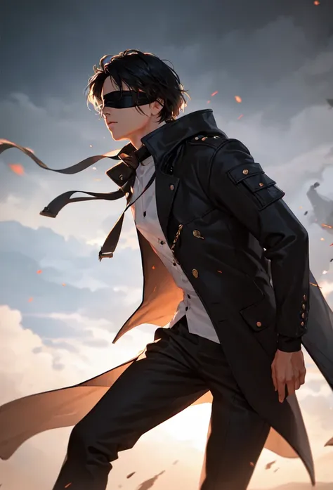 a man wearing a coat covering his body, black hair, blindfold, highly detailed, realistic, cinematic lighting, dynamic pose, cinematic composition, epic, dramatic