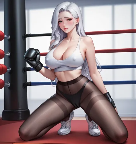 korean beautifull girl，18 years old,Pretty Face，Good shape，detailed picture, Shy expression， blush，White long hair, Wear yoga clothes，Wear black pantyhose, Wearing black boxing gloves, Kneeling in a sexy pose on the boxing ring，Large Breasts,Cleavage,Long ...