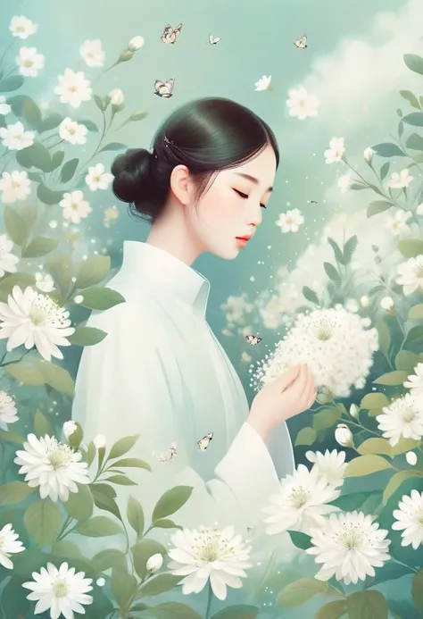 An illustration with soft tones and a dreamy feel。The characters in the picture are covered with a large number of small white flowers，Gives a hazy and mysterious visual effect。Soft space，Modern illustration elements。Tranquility、Pure atmosphere，Reminiscent...