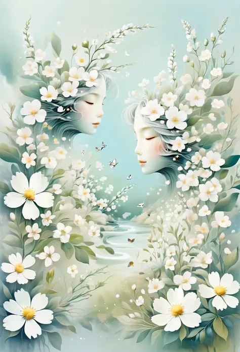 An illustration with soft tones and a dreamy feel。The characters in the picture are covered with a large number of small white flowers，Gives a hazy and mysterious visual effect。Soft space，Modern illustration elements。Tranquility、Pure atmosphere，Reminiscent...