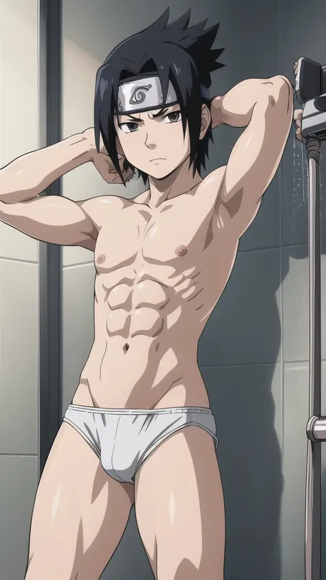 Sasuke, topless, white briefs, bodybuilder, muscle growth, muscle, showering, bathing, 12-year-old boys,