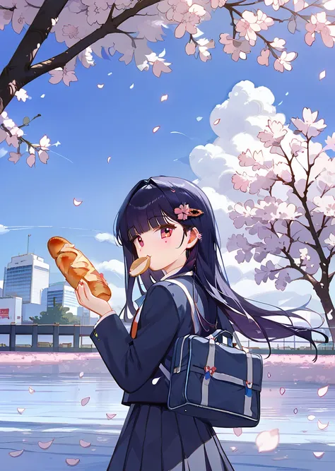 score_9, score_8_up, score_7_up, absurdres, 1girl, sparklehsrpv, open jacket, hairclip, looking back, mouth holding bread slice, school bag, cherry blossoms, petals, outdoors, 