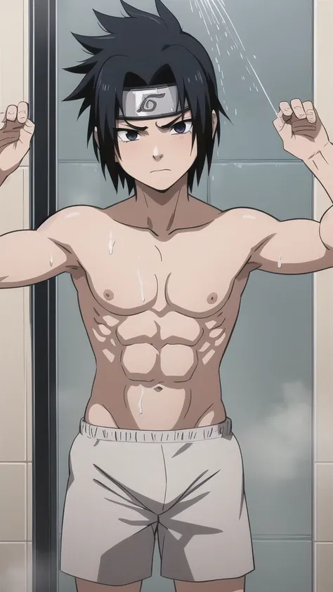 Sasuke, topless, white briefs, bodybuilder, muscle growth, muscle, showering, bathing, 12-year-old boys,