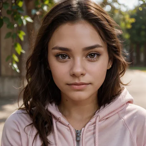 She wears a pink hoodie, leggings, wavy dark brown hair, young woman, ohne Make-up, Natural makeup, looking straight into camera, subtle make-up, Stunning full body shot, piercing brown eyes, Nice angle, attractive pose, Cute girl, Latin, vanessa hudgens, ...