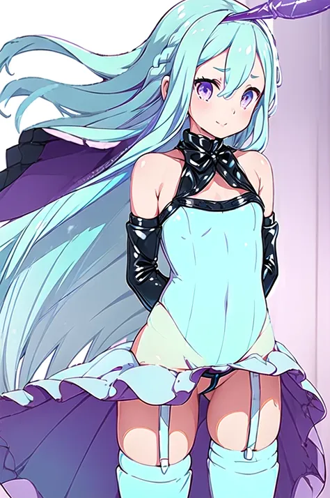 1girl,solo,(witch:1.4),(cowboy shot),standing,(pastel blue hair:1.6),long hair,(straight hair:1.2),forehead,center part,(purple eyes:1.4),(beautiful fingers:1.4),(perfect anatomy:1.4),(arms_behind_back:1.6),(cold_shoulder:1.4),BREAK,(pastel blue competitio...