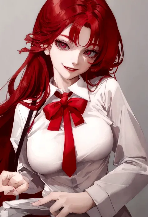 (Masterpiece:1.2, Best Quality), 1 woman, looking towards the viewer, White shirt red tie, medium breasts, Casual, long red hair, minimal makeup, , pale,Natural fabrics, closeup face, ((evil smile)), bright eyes circular pupils,8K high resolution, detailed...