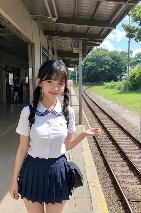 girls in rural railway station,train on far side,cumulonimbus cloud in summer sky,short-sleeved white shirt with sailor collar,navy blue pleated skirt,school bag,18-year-old,bangs,a little smile,thighs,knees,short hair with low pigtails bunches,from beside...