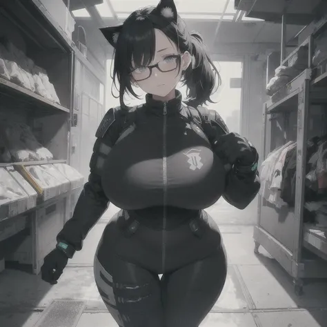 Absurd resolution,high resolution,(masterpiece: 1.4),hyper-detail,fullbody shot,head to toe,full frontal camera perspective,solo,shorter,standing,glasses,kemono feline cat futanari, puffy inverted nipple silhouette,no skin other than neck and head shown,sc...