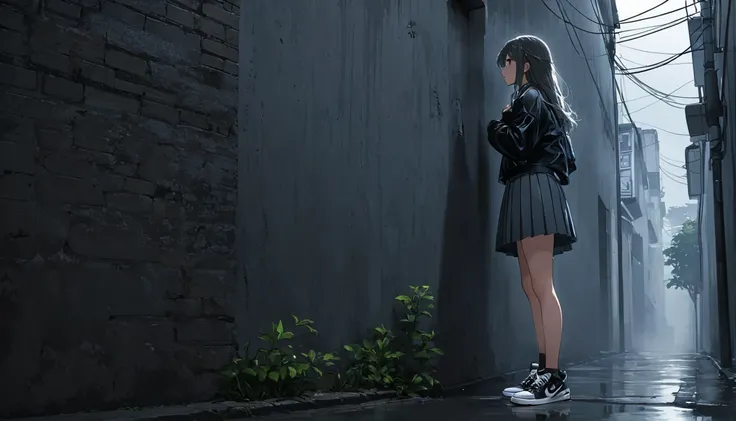 Ultra high definition. The sky is dark and full of dark clouds. Its foggy. An 18-year-old girl stands under an old cement electric pole in a dark wide alley. The light from the electric pole shines on the girls head. The girl is standing with her back agai...