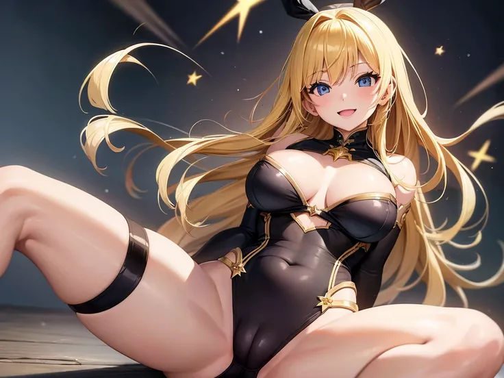 Ample breasts,pretty girl、Golden Hair、Blue Eyes、Black leotard、Red star pattern、Bright atmosphere、smile、High leg、Spreading her legs