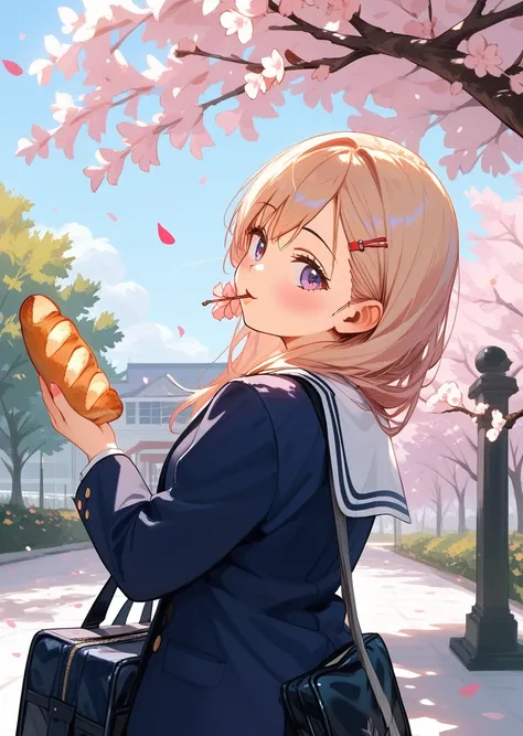 score_9, score_8_up, score_7_up, absurdres, 1girl, sparklehsrpv, open jacket, hairclip, looking back, mouth holding bread slice, school bag, cherry blossoms, petals, outdoors, 