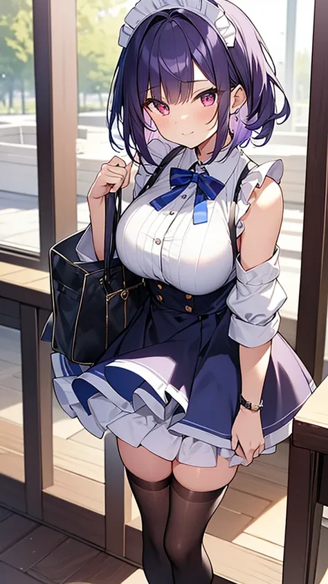 最high quality, high quality, Super detailed, 32k, Ultra-detailed details, Sister and maid, (Standing, pretty girl, beautiful purple hair, short hair, Beautiful RED eyes, mature, Big Breasts, A light smile, Off-the-shoulder sleeveless Summer メイド服, Summer ca...