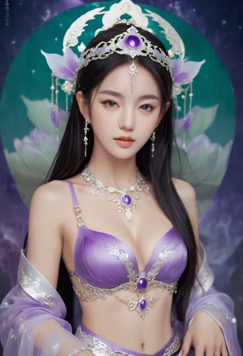 Wearing sexy transparent platinum low-cut lace armor cleavage、Close-up of woman holding lotus, Headdress, Violet necklace, jade belt , Toned abdominal muscles, Beautiful fantasy queen, ((Beautiful fantasy queen)), Beautiful celestial magician, Beautiful ch...