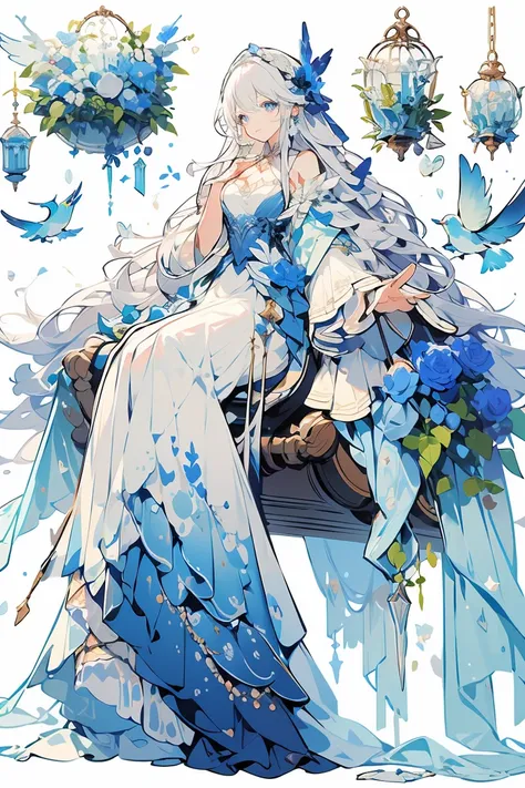 (masterpiece:1.2), best quality,Pixif,Fairy Tale Boy, 1 boy, White hair, blue eyes, Dress, Prince Fashion、Prince Costume、Blue flowers、Rib elements、Magic Wand