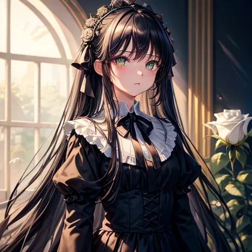 ((masterpiece, Highest quality)),Best aesthetics,One girl, alone, Long Hair, Black Dress, flower, ribbon, Black background, Black Hair, Rose, hair ribbon, Green Eyes, Long sleeve, white Rose, Mouth closed, black ribbon, Upper Body, Cinema Lighting